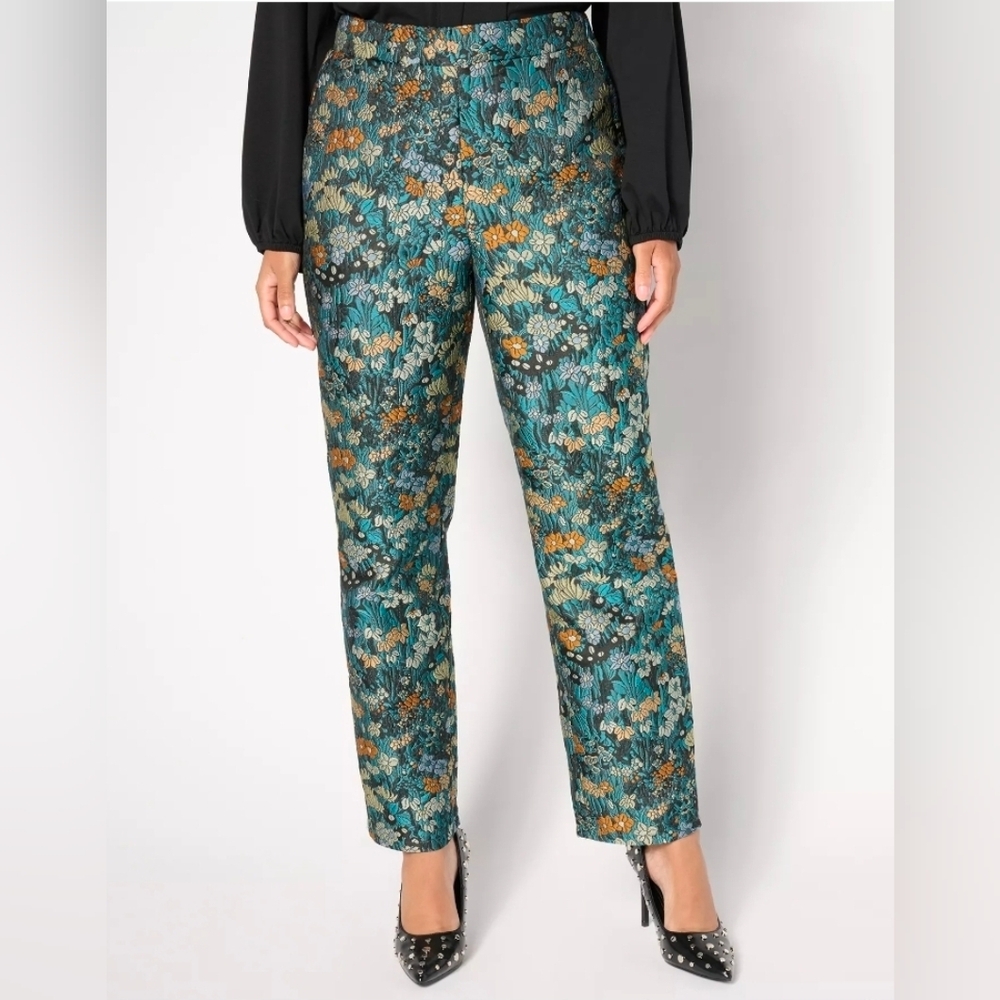 Stacy London Floral Brocade Pants Teal Multi 14 - Picture 2 of 4